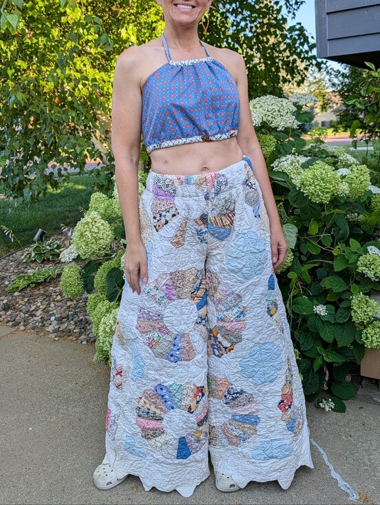 Handmade Pants - WIDE LEG QUILT PANTS vintage patchwork feedsack M